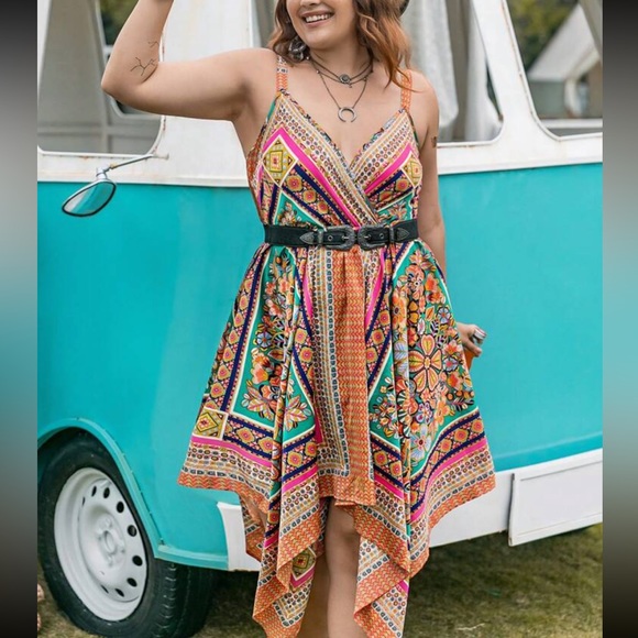 Boho Plus Size Scarf Print Asymmetrical Hi Low Hem Cami Dress Without Belt - Picture 5 of 8